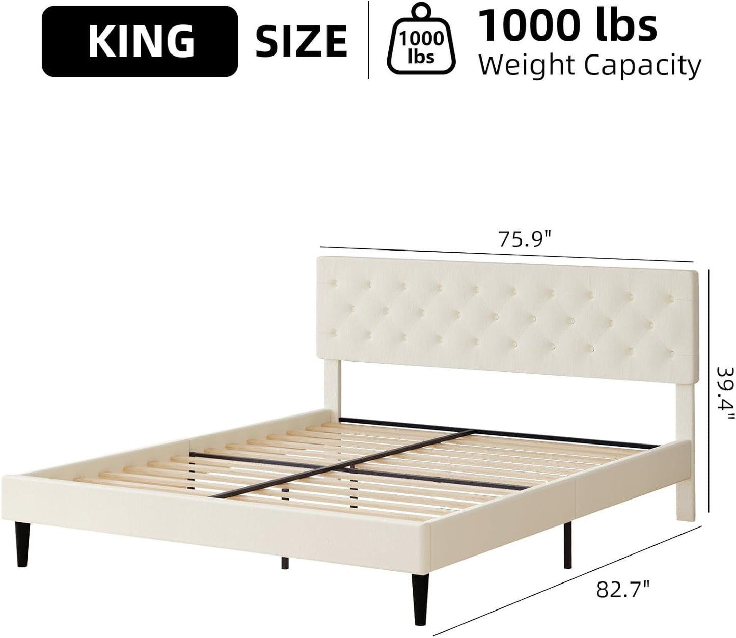 HOMBCK King Size Bed Frame with Headboard, Linen Fabric Upholstered Platform Bed Frame, Button Tufted Bed Frame King, Wooden Slat Support, No Box Spring Needed, Easy Assembly, Cream