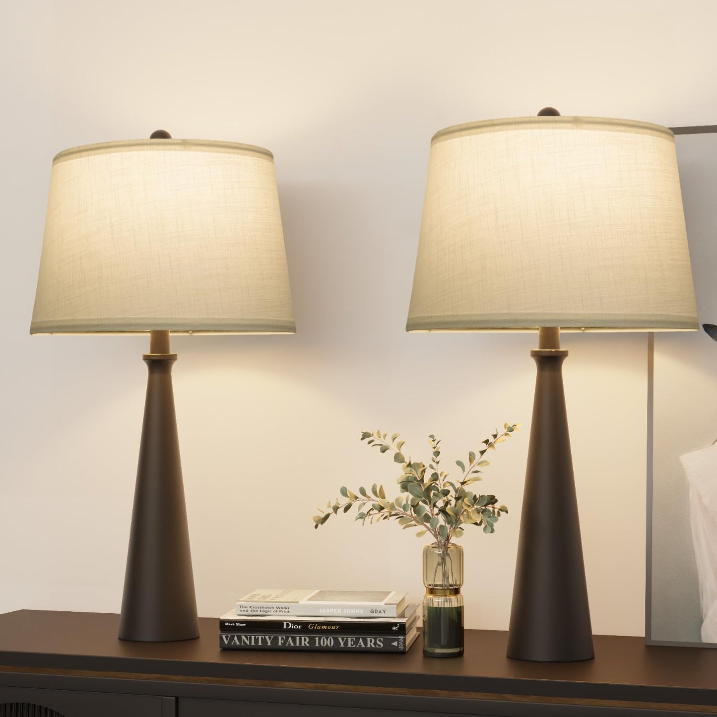 Oneach 25.75" Modern Table Lamp Set of 2, Bedside Lamps with USB Ports, Black Nightstand Lamps Set for Living Room Bedroom House Bedside Home Office Family