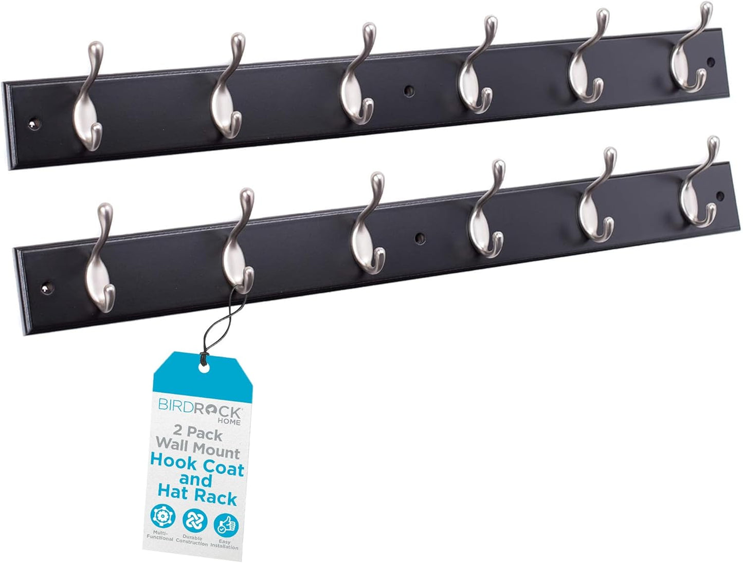 BirdRock Home Oval Hook Coat and Hat Rack | 6 Hooks | 2 Pack | Wall Mount | Black Finish | Satin Nickel Hooks
