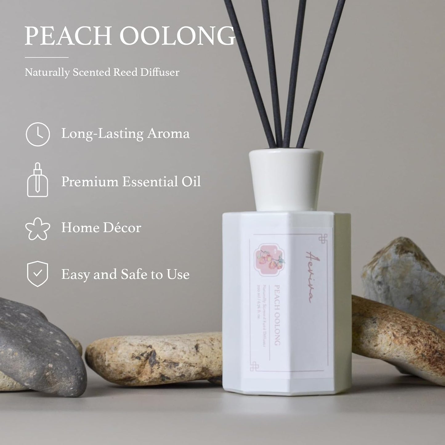 Reed Diffuser Set, Peach Oolong Scented Oil Diffuser, 6.76 fl oz (200 ml) Home Fragrance Diffuser with Reed Sticks, Air Fresheners for Home, Bathroom Shelf Decor
