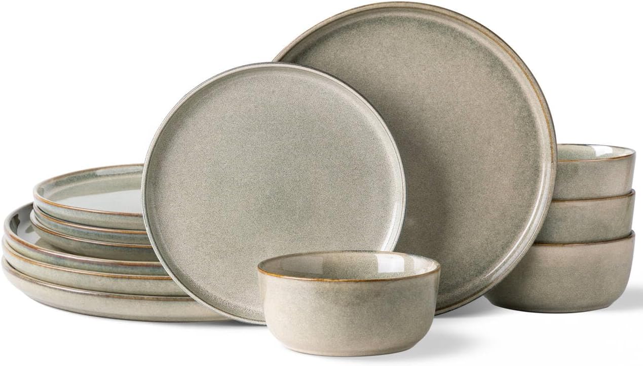 AmorArc Stoneware Dinnerware Sets for 4,Round Reactive Glaze Ceramics Plates and Bowls Set,Highly Scratch Resistant Dishware | Dishwasher & Microwave Safe Dishes Set,Service for 4 (12pc)