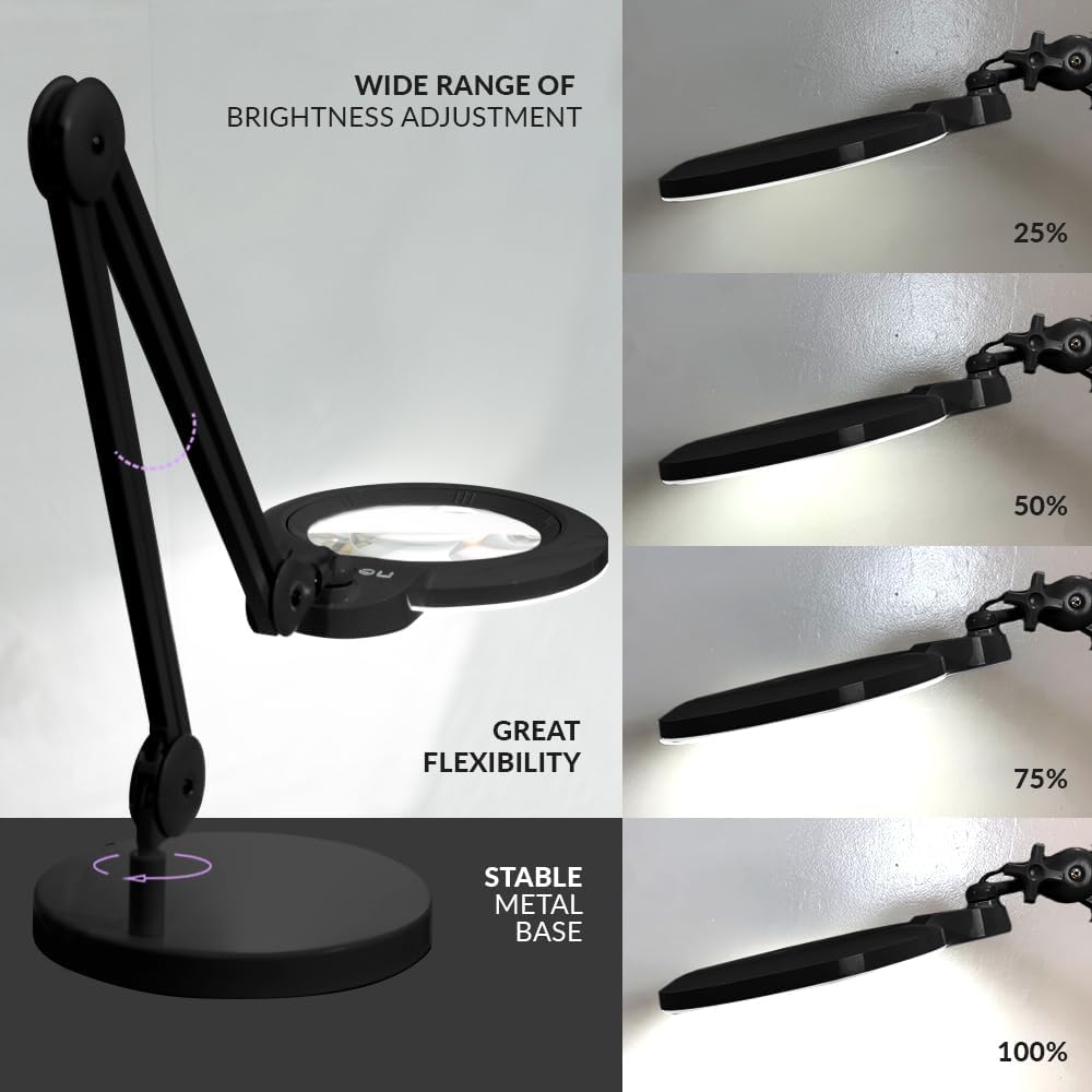 Neatfi XL Bifocal LED Magnifying Lamp, 7-Inch Acrylic Lens, 5D/20D Magnification, Hands-Free, Dimmable, 84 SMD LED, Adjustable Arm for Crafts, Reading, Close Work (Black, with Base)