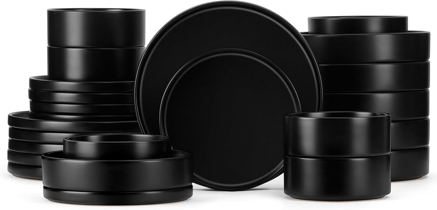 Herogo Dinnerware Sets with Pasta Bowls for 6, 24 Piece Dinner Salad Plates and Cereal Serving Bowls, Stoneware Dishes Dinner Ware for Home Kitchen, Dishwasher & Microwave Safe, Matte Black