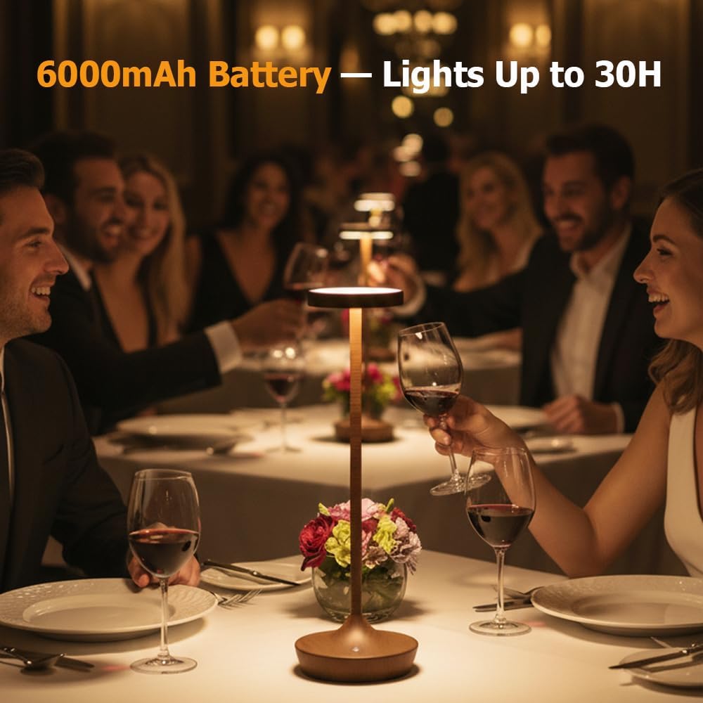 Cordless Table Lamp Rechargeable - 6000mAh LED Battery Operated Table Light - Portable Touch Dimmable Outdoor Waterproof Table Lamps for Patio Bar Restaurant Dining (2 Woodgrain)