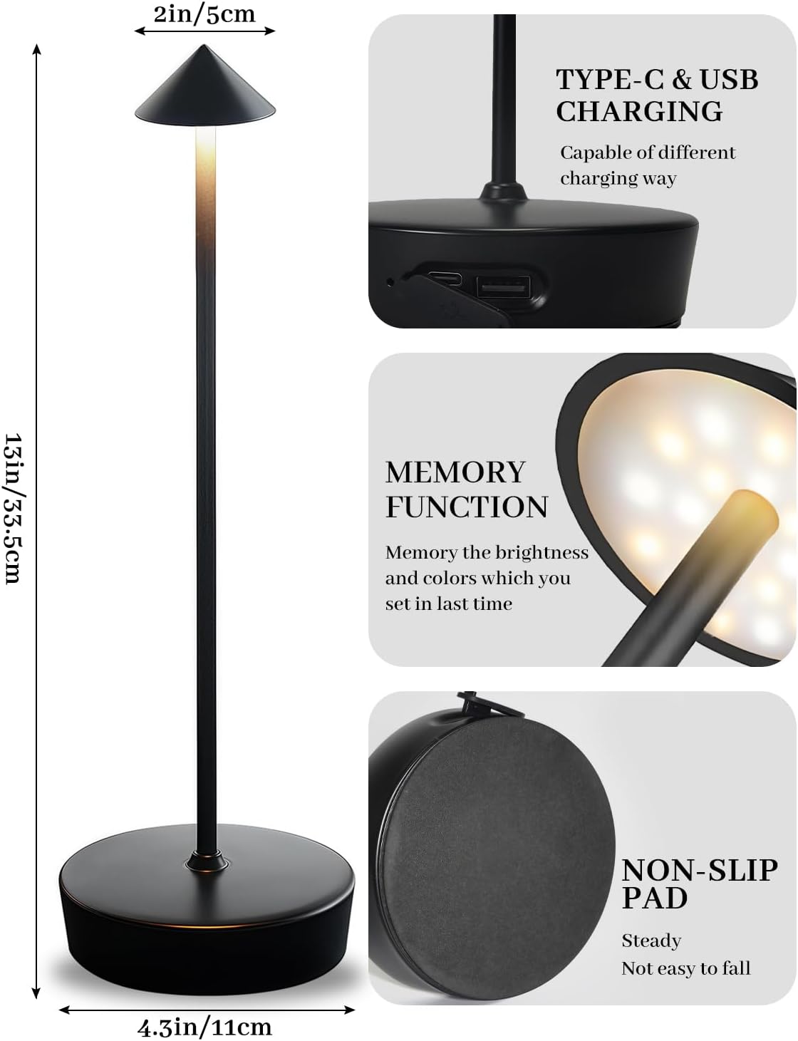 Black Cordless Rechargeable Table Lamp 7200mAh Portable Touch Control LED Waterproof Table Lamp for Bedroom Reading