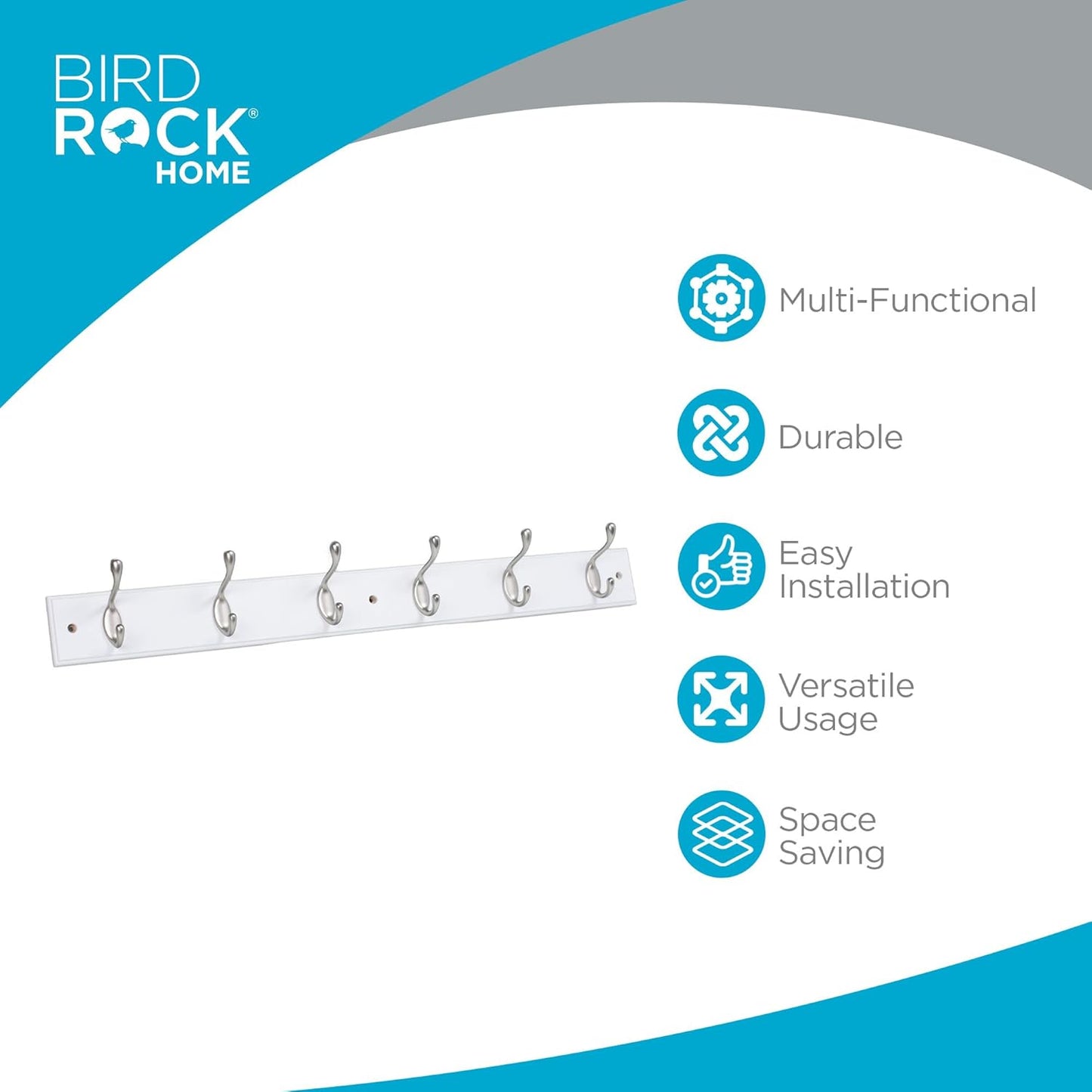 BIRDROCK HOME Oval Hook Coat and Hat Rack | 6 Hooks | Wall Mount | White Finish | Satin Nickel Hooks