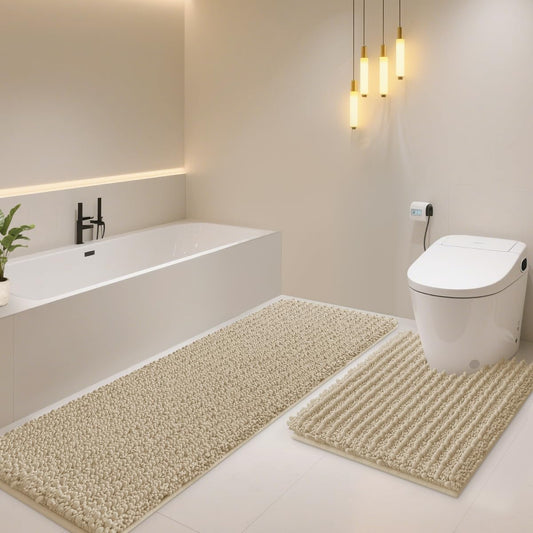 ACCUMTEK Upgrade Luxury 2 Piece Beige Toilet Bathroom Rug Mat U Shape 24"x20"+48"x20", Ultra Soft Thick Absorbent Bath Mats, Non Slip Chenille Toilet Mat for Bathroom, Bedroom, Kitchen, Shower, Tub