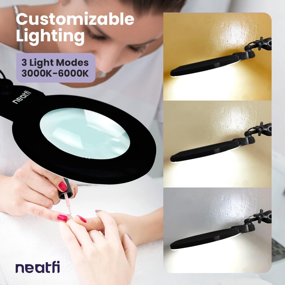 Neatfi XL Bifocal LED Magnifying Lamp, 7-Inch Acrylic Lens, 5D/20D Magnification, Hands-Free, Dimmable, 84 SMD LEDs, Adjustable Arm for Crafts, Reading, Close Work (Black, CCT with Clamp)