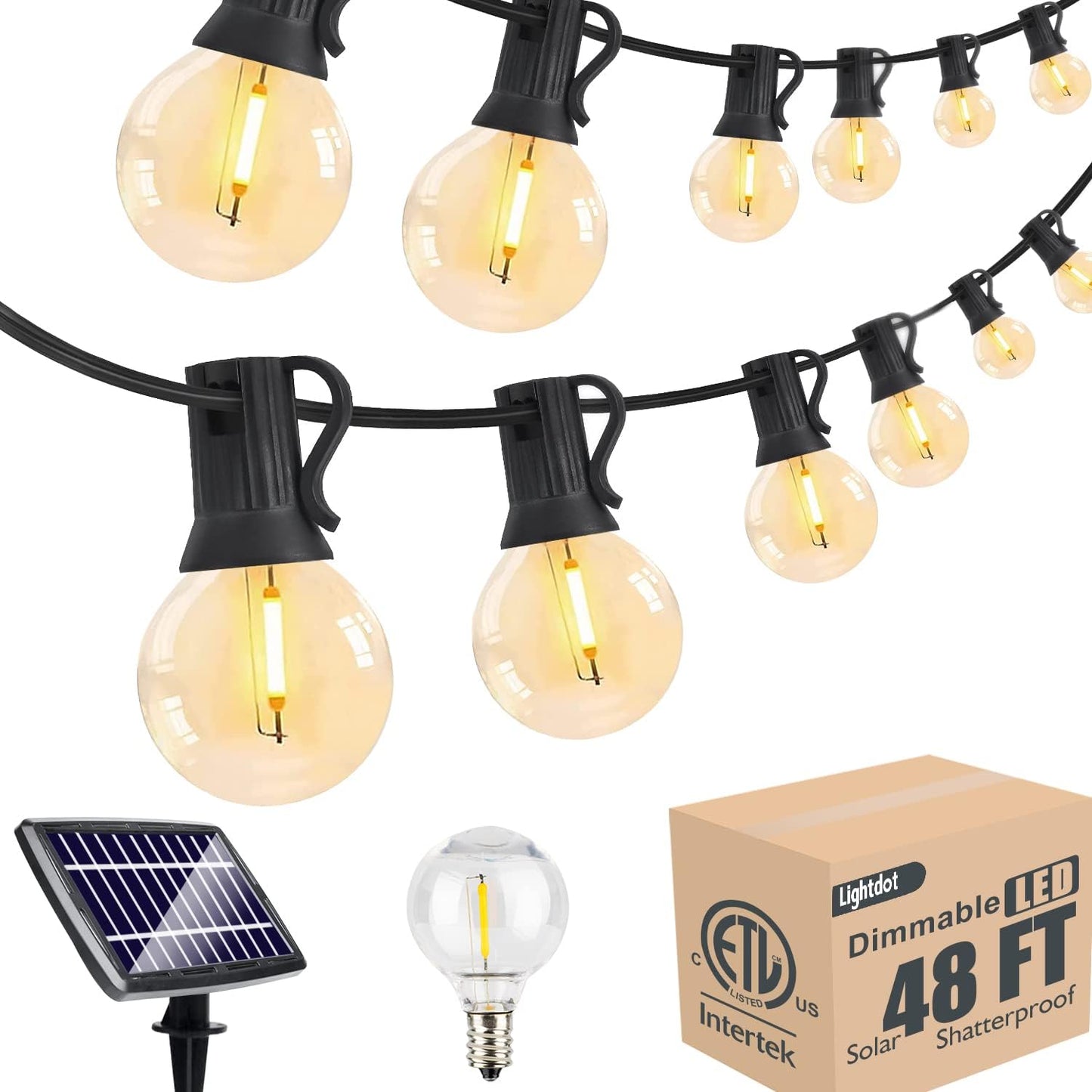 Lightdot 48FT Solar Outdoor String Lights, Waterproof Cafe Patio Lights with Shatterproof LED Bulbs, 2700K Warm White, Create Bistro Ambience On Your Garden Gazebo Backyard Decorative