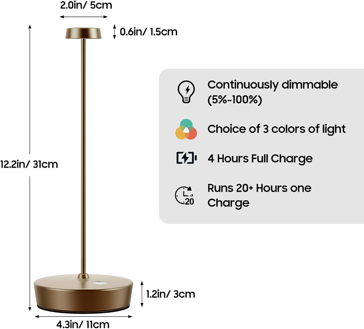 2Pack Cordless LED Table Lamp，Rechargeable Battery Operated Table Light, 3 Color Stepless Dimmable Table Lamp, Portable Table Light for Outdoor/Restaurants/Patio