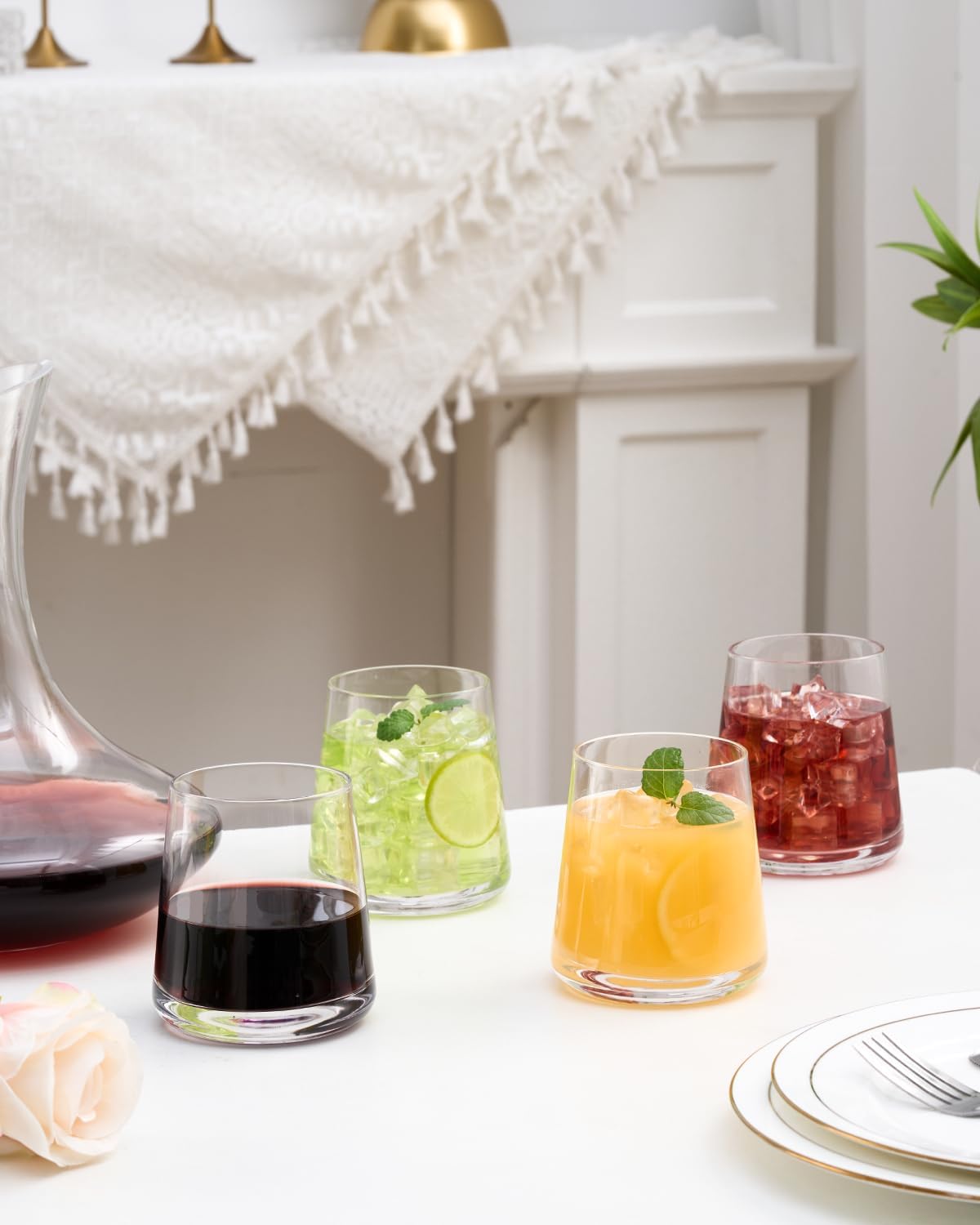 Crystal Stemless Wine Glasses Set of 4, 13.5 oz Hand-blown Drinking Glasses for Red and White Wine, Universal Drinking Glasses for Juice and Water, Thickened Base & Dishwasher Safe