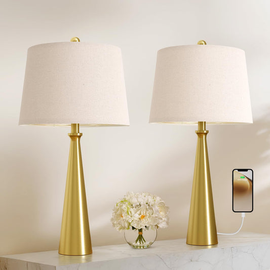 Oneach 25.75" Modern Table Lamp Set of 2, Bedside Lamps with USB Ports, Brass Gold Nightstand Lamps Set for Living Room Bedroom House Bedside Home Office Family