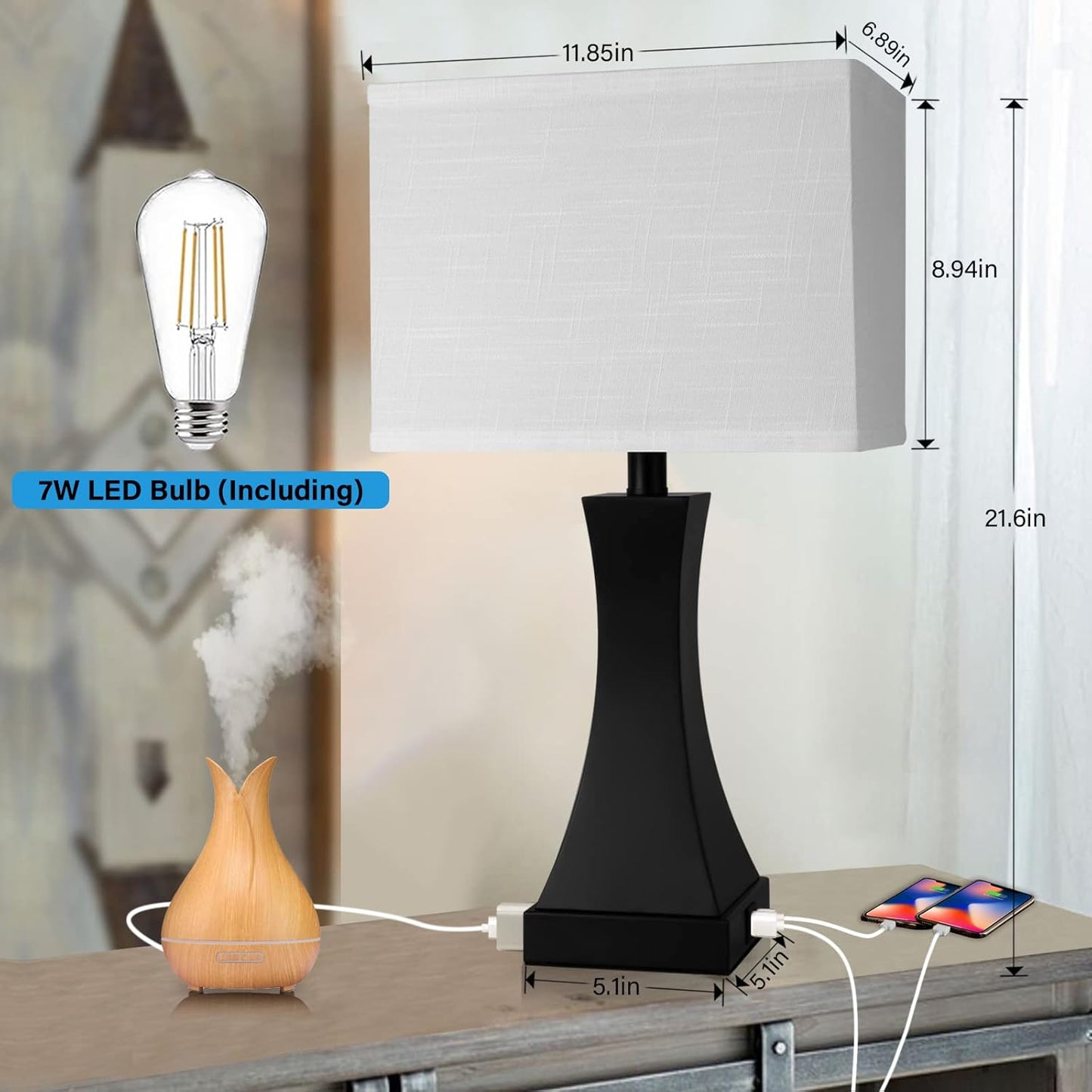 Set of 2 Touch Control Table Lamps 21.6" 3-Way Dimmable Bedside Nightstand Lamp with Type C/USB Charging Port & Outlet Desk Lamp for Living Room Bedroom Office and Hotel Bulb Included