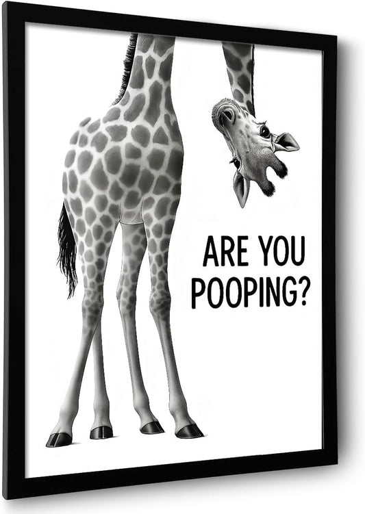 Funny Giraffe “Are You Pooping?” Bathroom Wall Art – 8×10″ Black & White Framed Print – Quirky Toilet Humor Home Décor (Giraffe, 10"L x 8"W, Framed)