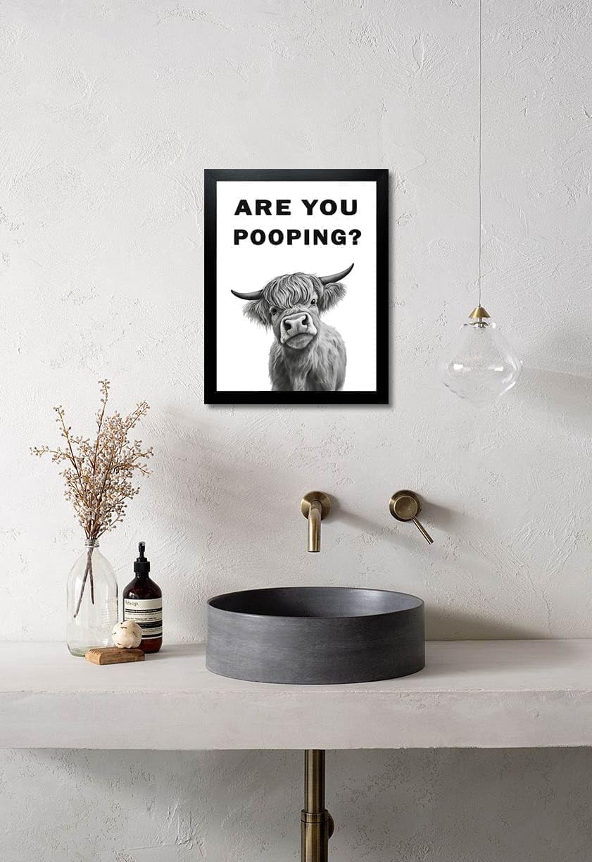 Funny Bathroom Wall Art – Are You Pooping Black and White Highland Cow Canvas, Framed Humor Print for Toilet Decor (Cow Are You Pooping, 10"L x 8"W, Framed)