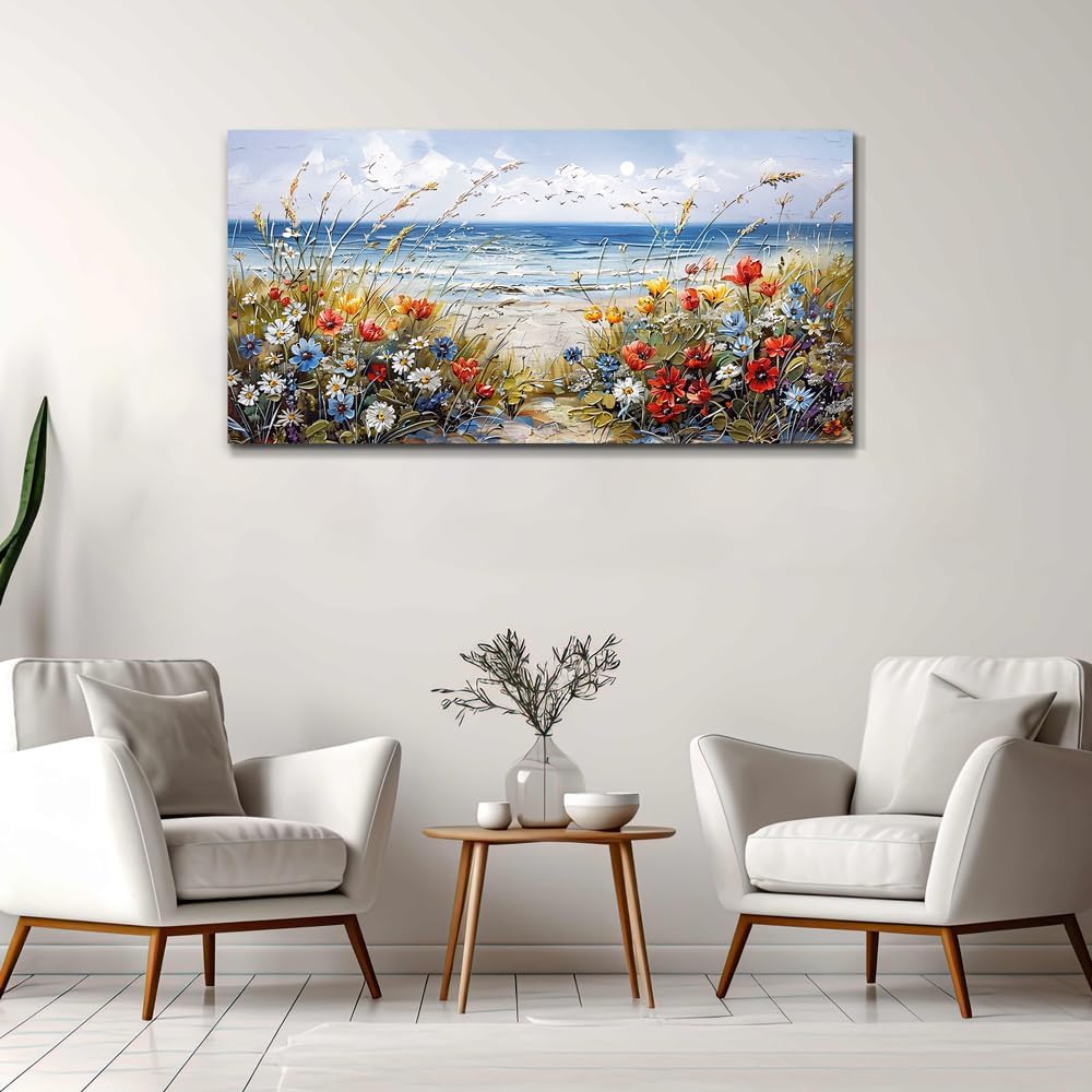 MHARTK66 Large Canvas Wall Art Flowers Farmhouse Bedroom Wall Painting Wall Decor For Living Room Office Blue Watercolor Print Nature Artwork For Walls Ocean Poster Modern Home Decorations 24x48