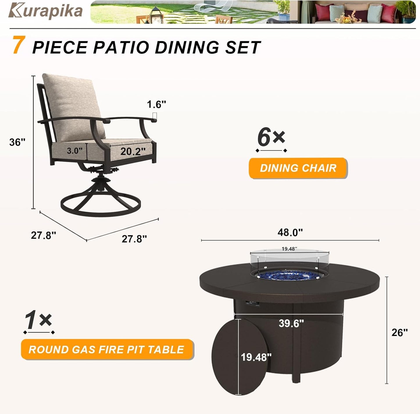 Kurapika 7 Piece Metal Outdoor Patio Furniture Set with Round Fire Pit Table, Patio Conversation Sets 6 Swivel Chairs with Thick Cushion and 40000 BTU Fire Pit Table, Sand