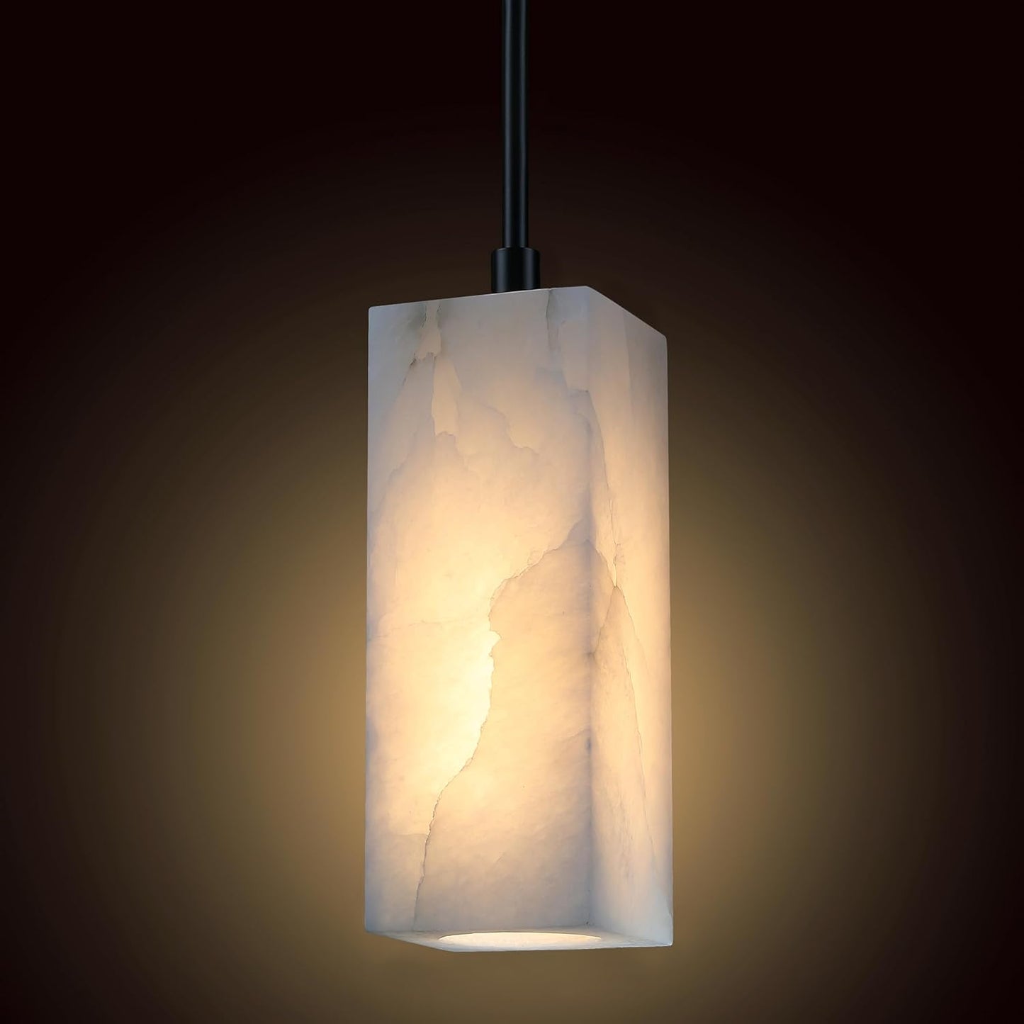 1 Light Modern Industrial Farmhouse Hanging Kitchen Island Pendant Ceiling Light Fixture,Square Natural Alabaster Marble Black Finish Over Sink Restaurant bar Corridor