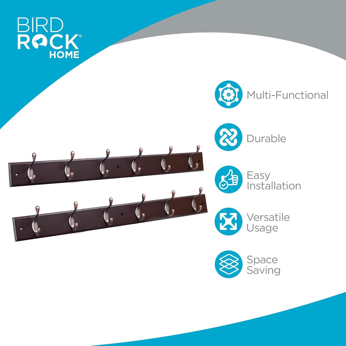 BIRDROCK HOME Hook Coat and Hat Rack - 6 Dual Hanging Coat Hooks for Wall Mount - Decorative Storage for Entryway Foyer Hallway Bathroom & Bedroom - 27", Dark Brown w/Oil Rubbed Bronze Hooks - 2 Pack