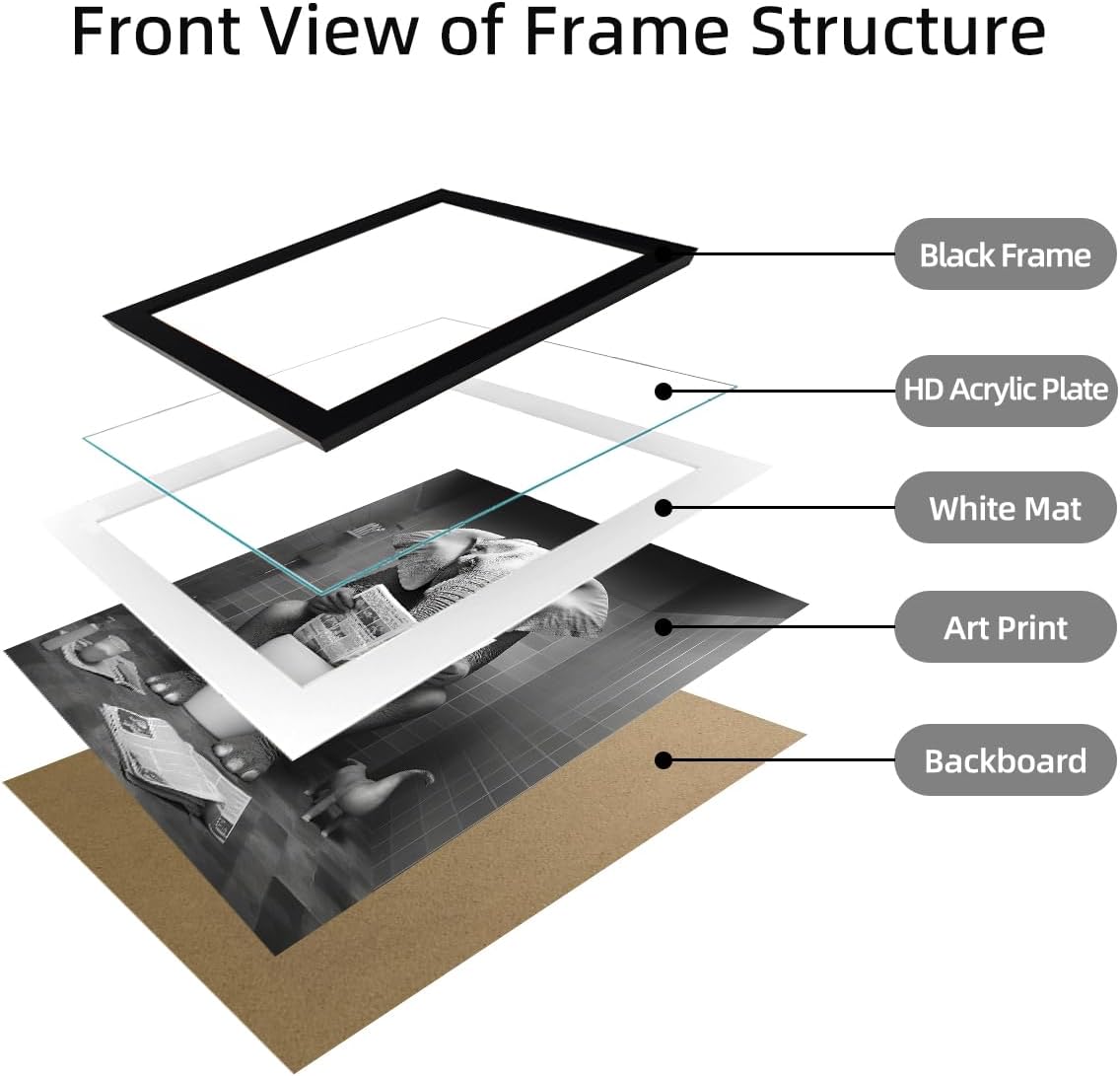 Bathroom Art Wall Decor Black and White Framed Bathroom Picture Canvas Print Elephant in Toilet Reading Newspaper Funny Animal Artwork
