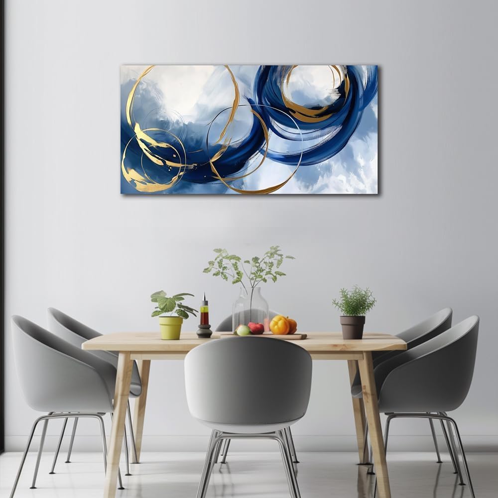 Abstract Wall Art Nave Blue Modern Canvas Pictures Art Print Gold Contemporary Artwork Painting Decor for Living Room Bedroom Home Office Decorations 24x48inches