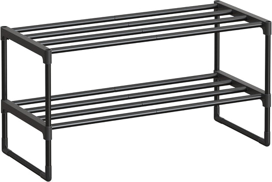 SONGMICS Shoe Rack, 2-Tier Shoe Organizer, Metal Storage Shelf, Upright or Upside Down, for 6-9 Pairs, Stackable, for Entryway, 11.8 x 26.8 x 13.2 Inches, Black ULSA202B01
