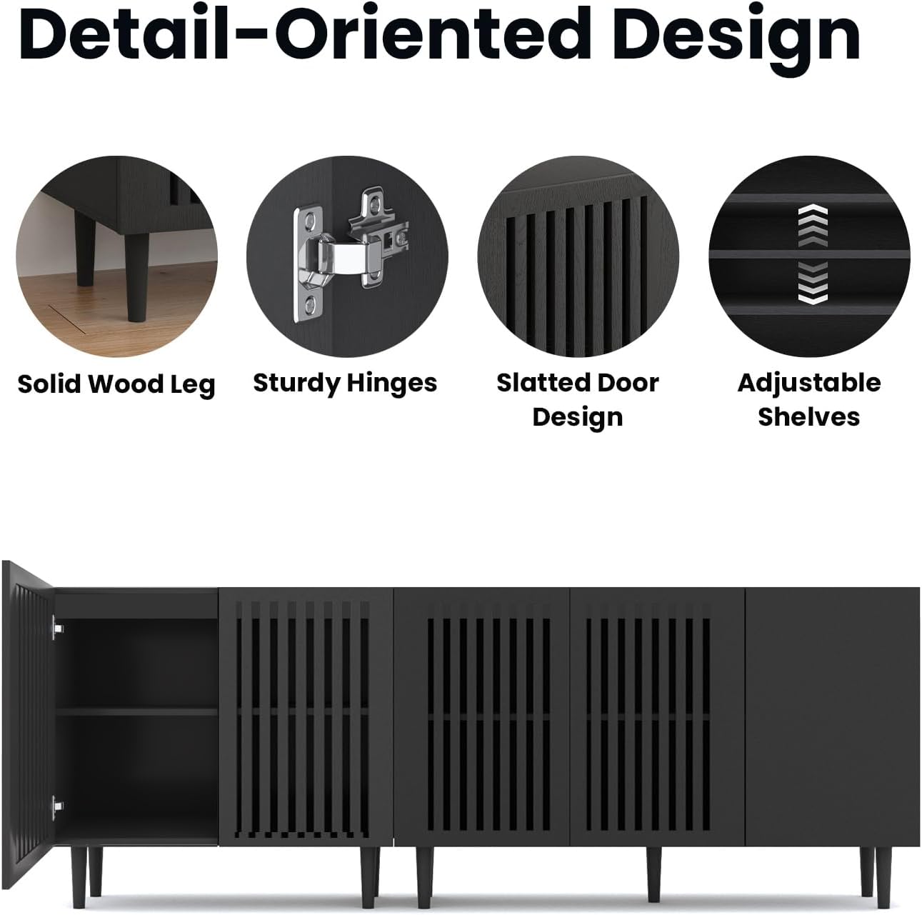 CHUWELL Modern TV Stand, 78.7" Storage Cabinet with 5 DIY Doors and Adjustable Shelf, Sideboard Coffee Bar Cabinet with Solid Wood Feet for Kitchen,Dining Room,Living Room,Black