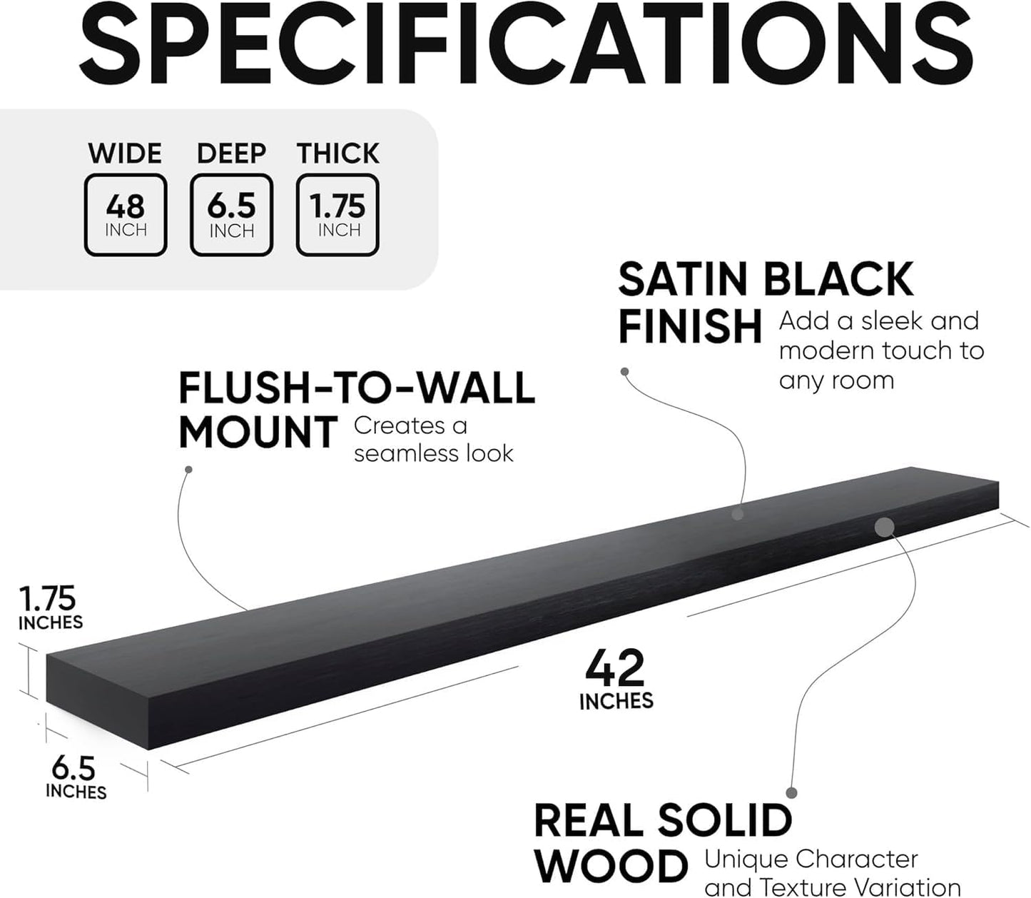 Homeforia Floating Black Shelf 42 inch, High End Solid Real Wood 42 inches Long Floating Shelves for Wall, Black Wooden 42inch Large Floating Shelves, Heavy Duty Bracket, 42 X 6.5 X 1.75 in, Set of 3