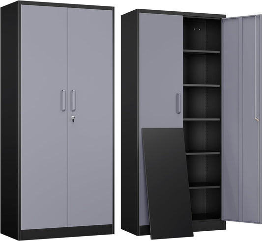 Yizosh Metal Garage Storage Cabinet with 2 Doors and 5 Adjustable Shelves - 71" Steel Lockable File Cabinet,Locking Tool Cabinets for Office,Home,Garage,Gym,School (Gray Black)