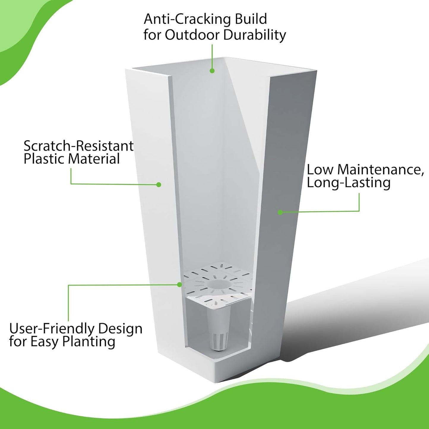 FENCY Set of 2 Tall Planters for Outdoor Plants, 24 Inch Large Tapered Pots with Drainage Trays, Weather-Resistant Plastic Plant Containers for Patio, Porch, Garden, Front Door Decor,White