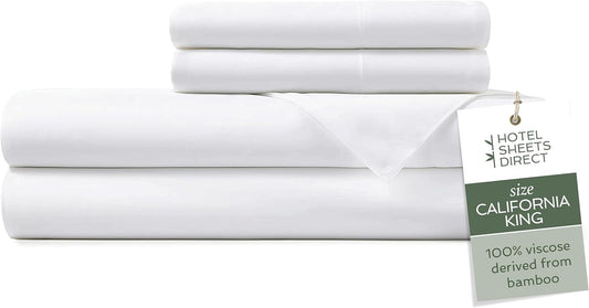 Hotel Sheets Direct 4 Piece Bed Sheet Set California King Size, 100% Viscose Derived from Bamboo Sheets Set with 2 Pillowcases, Cooling & Breathable Luxury Bedding, Moisture-Wicking, Silky Soft, White