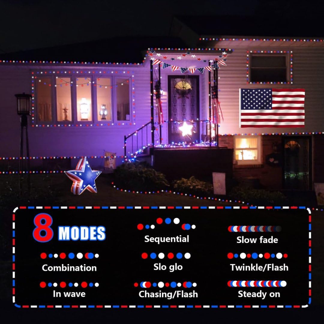 YEGUO 500LED 165ft 4th of July led Lights Outdoor Waterproof, Patriotic String Lights Plug in, Red White Blue led String Lights Indoor for 4th of July Memorial Day Independence Day Decor