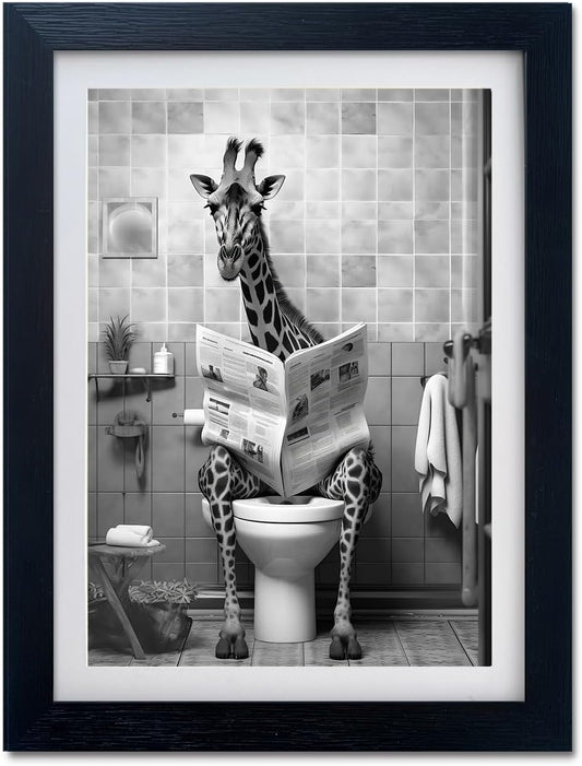 Bathroom Picture Wall Decor Black and White Bathroom Wall Art Giraffe in Toilet Framed Funny Animal Canvas Print Artwork