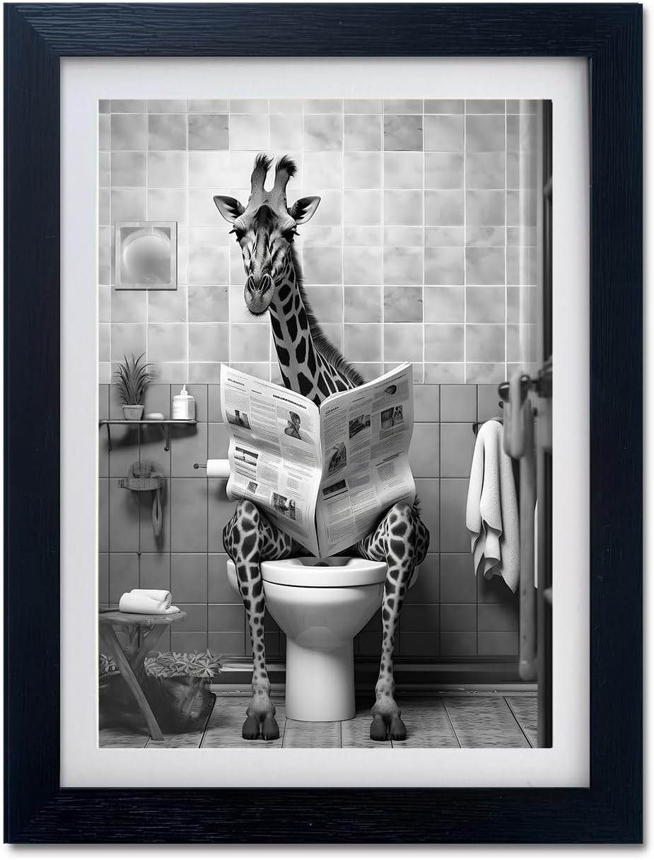 Funny Bathroom Decor Black and White Bathroom Wall Art Giraffe in Toilet Framed Animal Canvas Print Picture Wall Decor