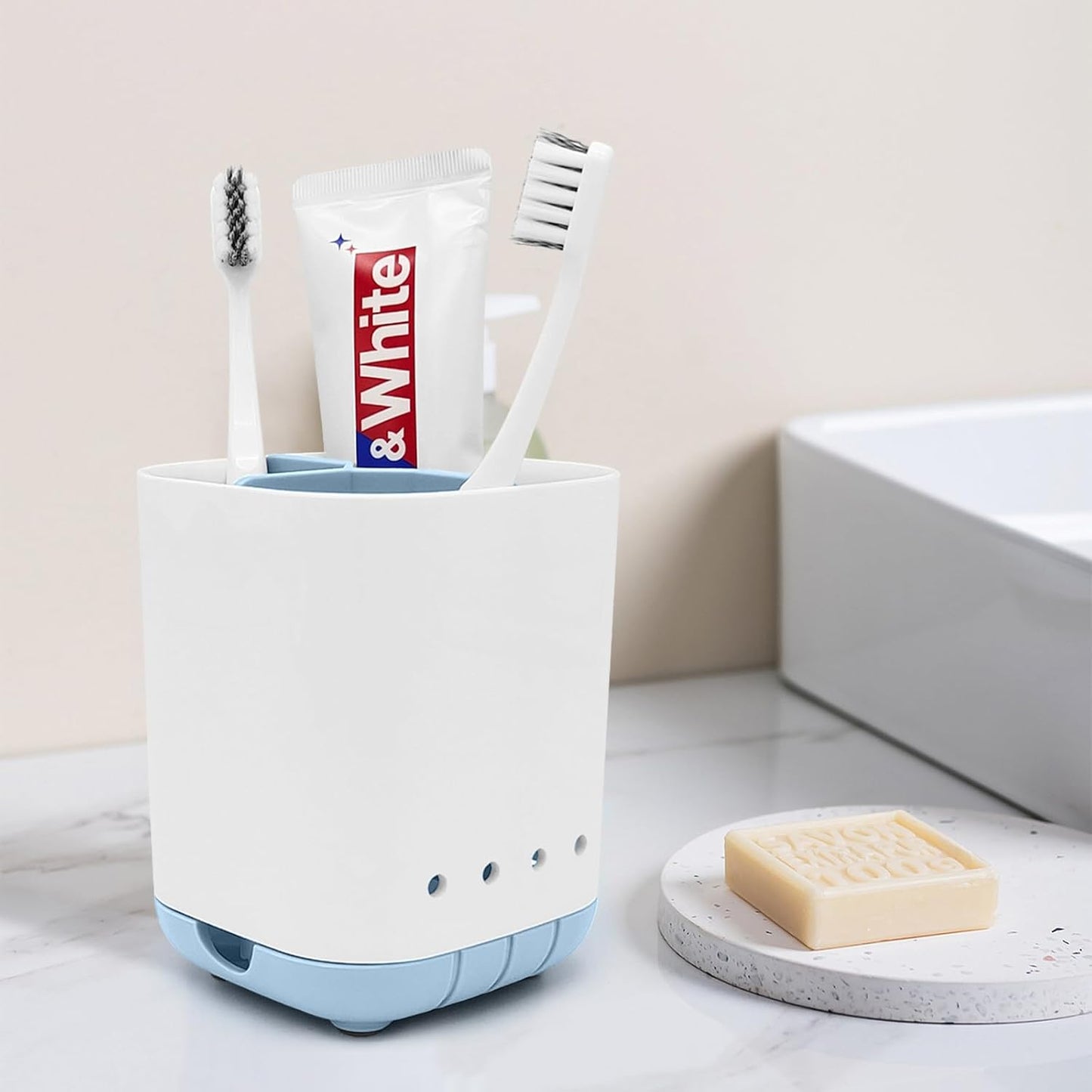 Toothbrush Holder for Bathroom,Plastic Detachable for Easy Cleaning Multi-Functional Storage,3 Slots Anti-Slip Electric Toothbrush and Toothpaste Organizer Caddy for Bathroom Vanity,Countertop (Blue)