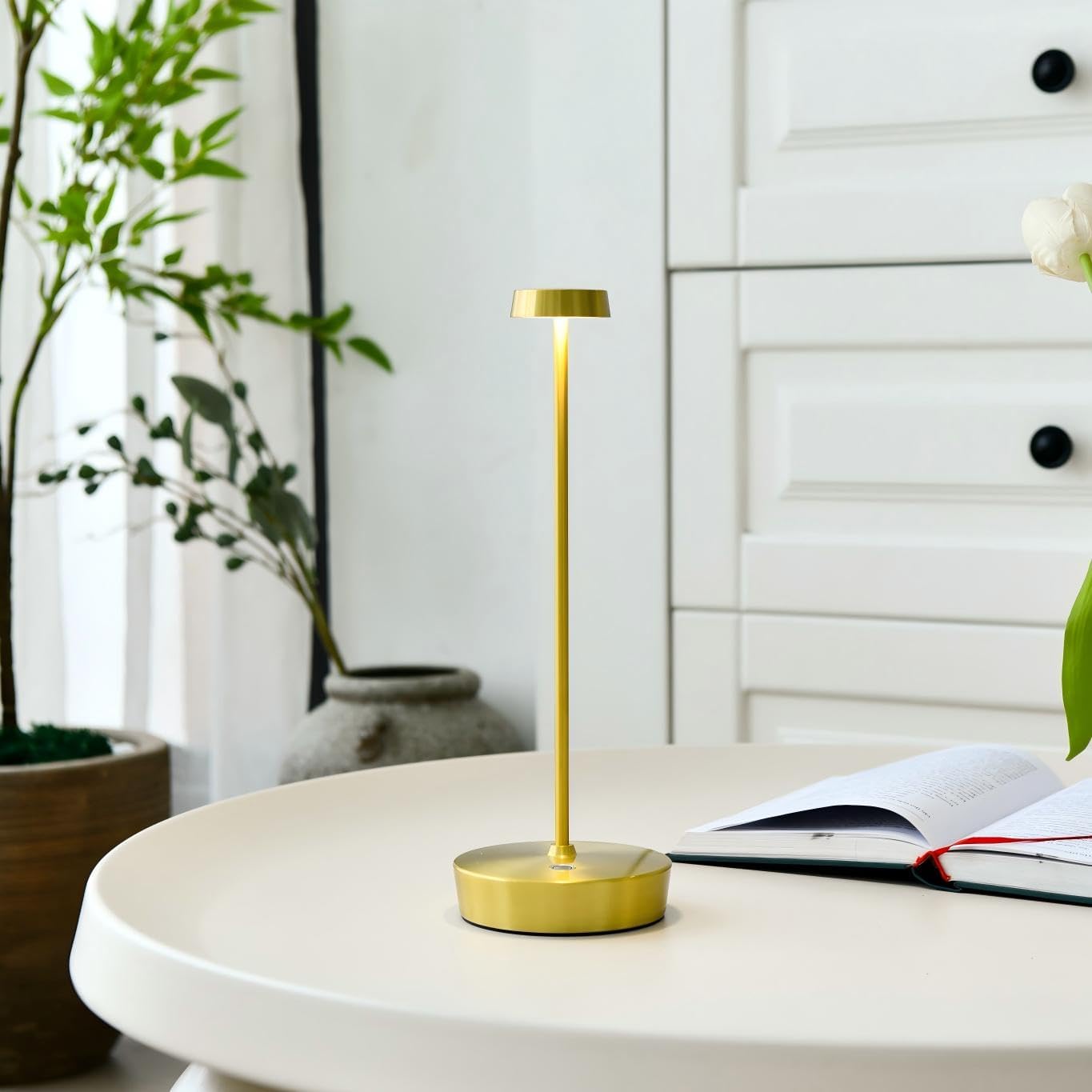 Cordless LED Table Lamp，Rechargeable Battery Desk Lamps, 3 Color Stepless Dimmable Metal Battery Table Lamps, Portable Waterproof Table Light for Indoor/Outdoor/Restaurant (Brass)