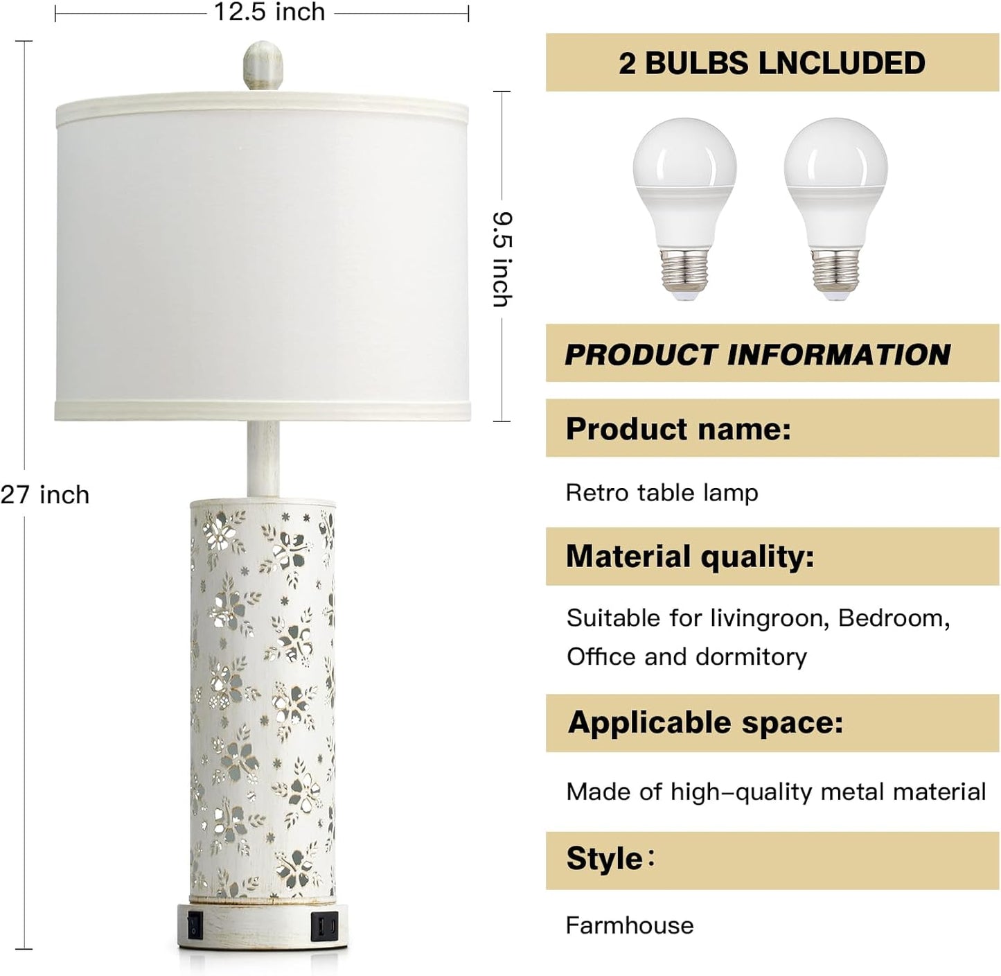 Set of 2 Rustic Table Lamps for Living Room Bedroom, Vintage Farmhouse Nightstand Lamp with 2 USB Ports, Hollow Out Metel Lamp for End Table with Nightlight (Retro White)