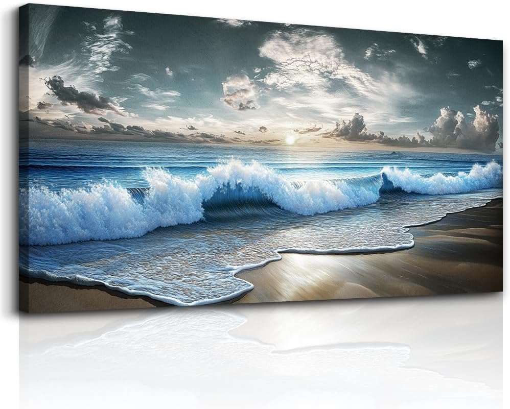 MHARTK66 Blue Ocean Canvas Wall Art Large Paintings For Living Room Landscape Nature Artwork For Walls Wall Decor For Bedroom Beach Pictures Wall Art Modern Office Waves Poster Decorations 24x48