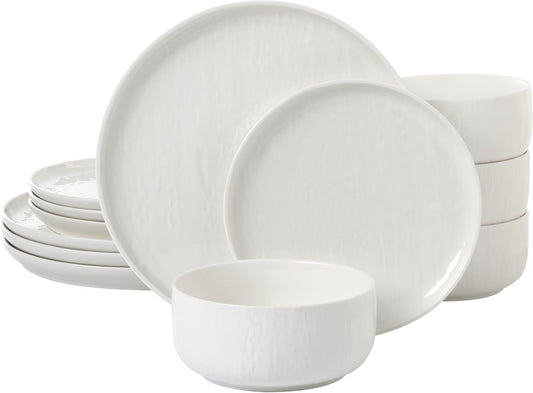 Joseph Sedgh Collection “Kai” 12-piece Stoneware Dinnerware Set with Protective Glaze Finish, Service for 4, White
