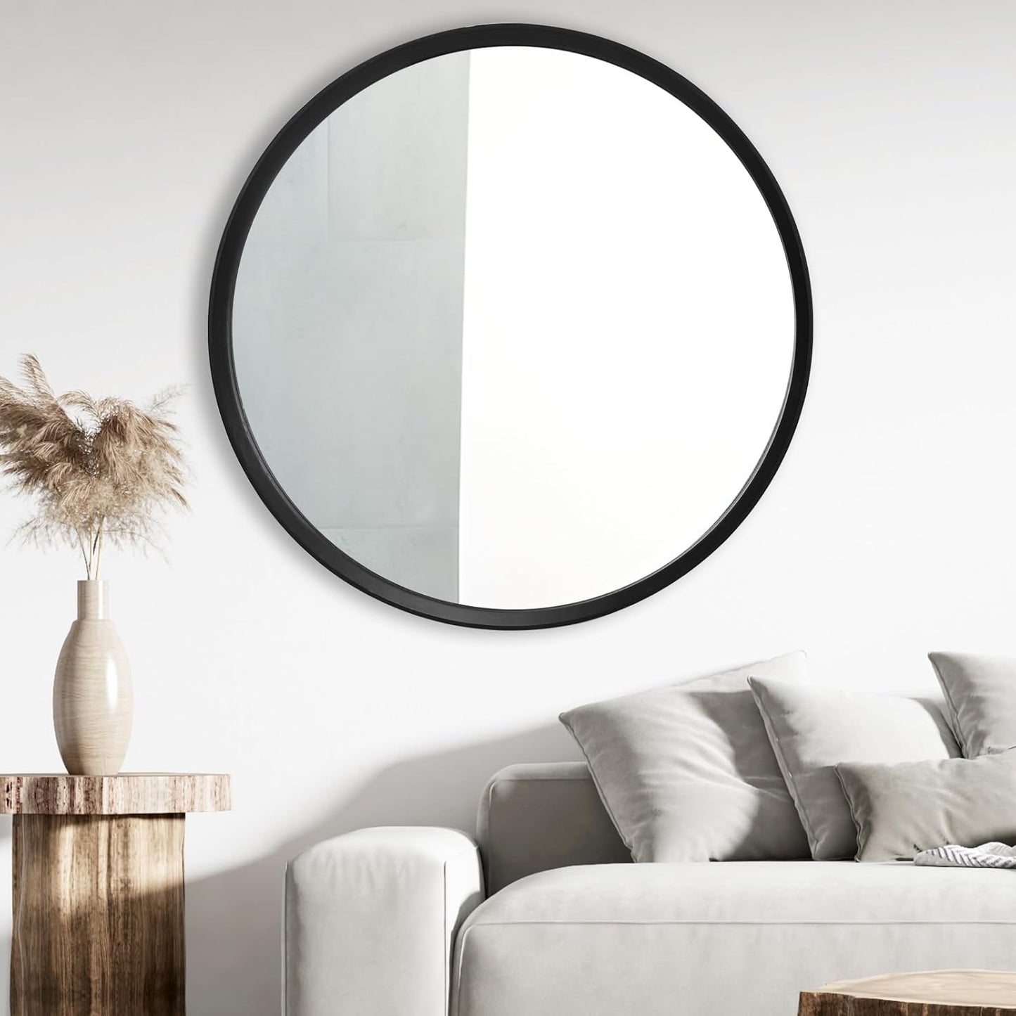 Round Mirror 24 Inch, Black Wood Frame, Wall Circle Mirror for Bathroom, Nursery, Living Room Decor