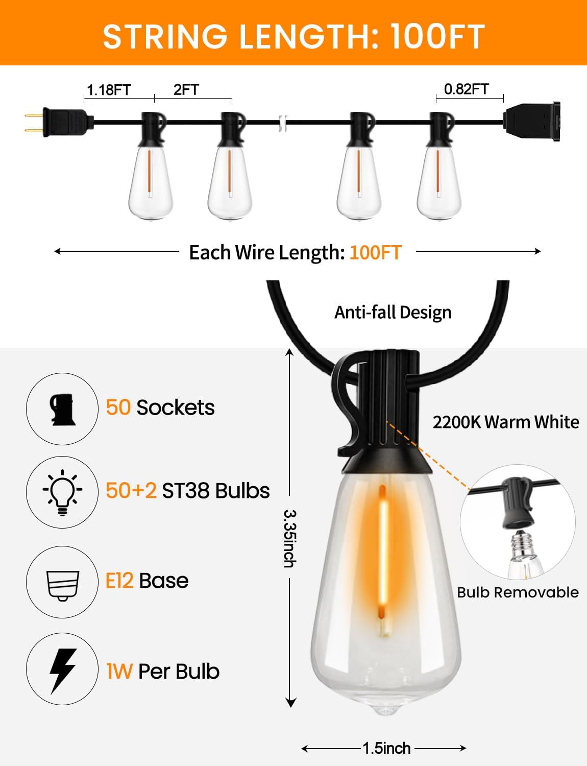 LED Outdoor String Lights 100ft ST38 Waterproof Patio Lights with 50 Vintage Shatterproof Bulbs(3 Spare), Dimmable Outside Hanging Edison String Lights for Backyard Porch Balcony Decor, Warm White