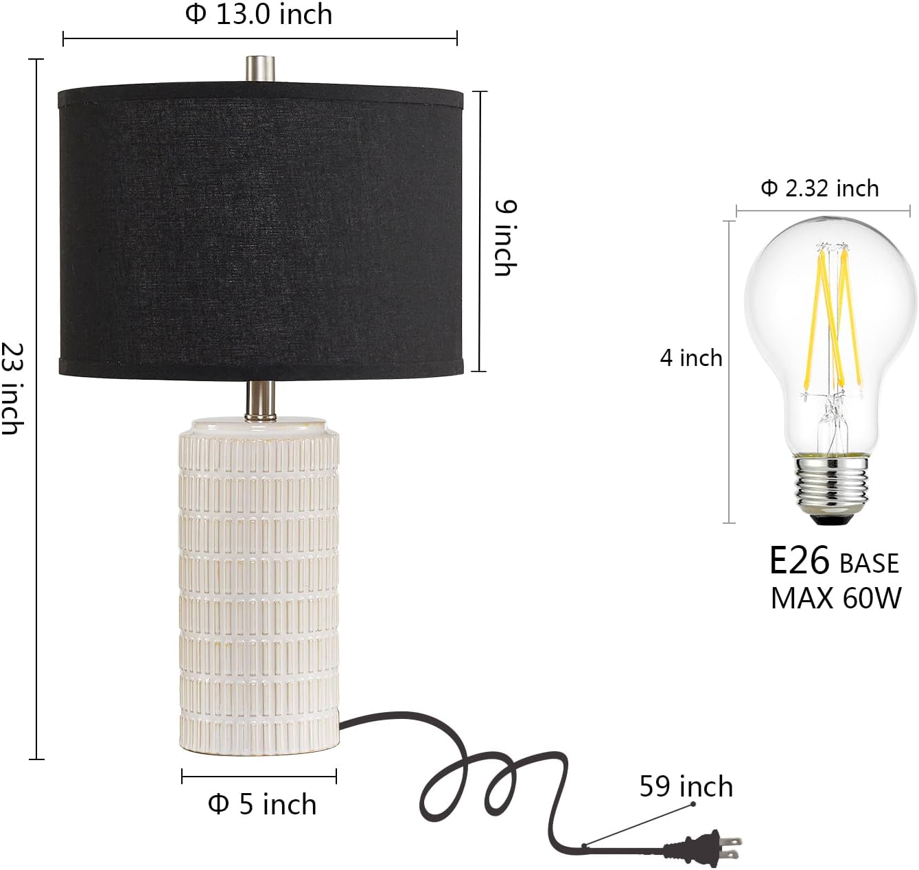 23'' Set of 2 Modern Ceramic Table Lamps, Minimalist Bedside Lamp, Rustic Nightstand End Table Lamp for Bedroom, Living Room, Study Room, Office, 2 LED Bulbs Included (Black)