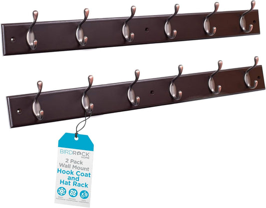 BIRDROCK HOME Hook Coat and Hat Rack - 6 Dual Hanging Coat Hooks for Wall Mount - Decorative Storage for Entryway Foyer Hallway Bathroom & Bedroom - 27", Dark Brown w/Oil Rubbed Bronze Hooks - 2 Pack
