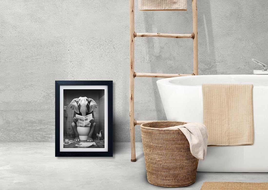 Black and White Bathroom Wall Decor Bathroom Wall Art Framed Canvas Print Elephant in Toilet Reading Newspaper Funny Animal Artwork