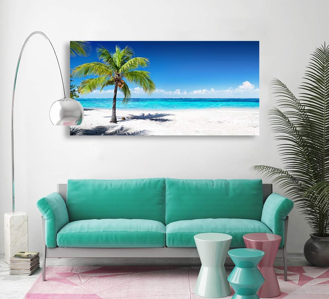 Baisuart-Large Canvas Wall Art Summer Ocean Waves Coconut Trees on Sands Beach Seascape Painting Sea Nature Pictures for Living Room Home Office Wall Decor Artwork