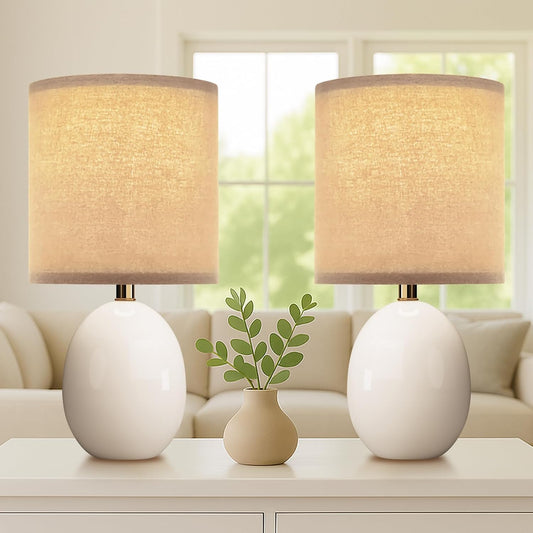 17.3" Table Lamp Set of 2 for Living Room Bedroom, Bedside Lamps for Night Stands, Desk Nightstand Lamp Dimmable, Modern Linen White Ceramic Lamps (White)
