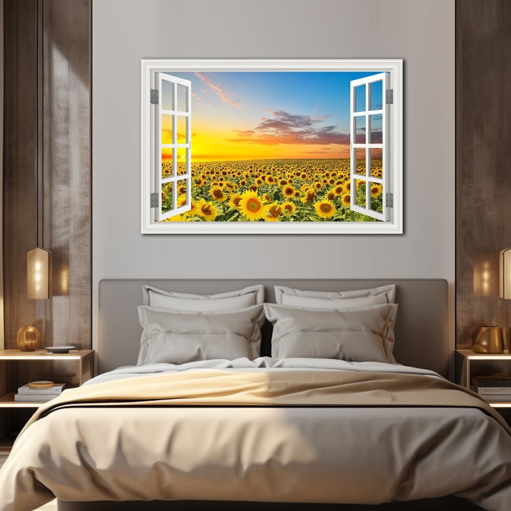 Sunflower Wall Art Decor Flower Canvas Pictures for Living Room Rustic Painting for Wall Window Style Sunset Art Prints for Bedroom Nature Floral Landscape Artwork for Home Office Kitchen Decorations,