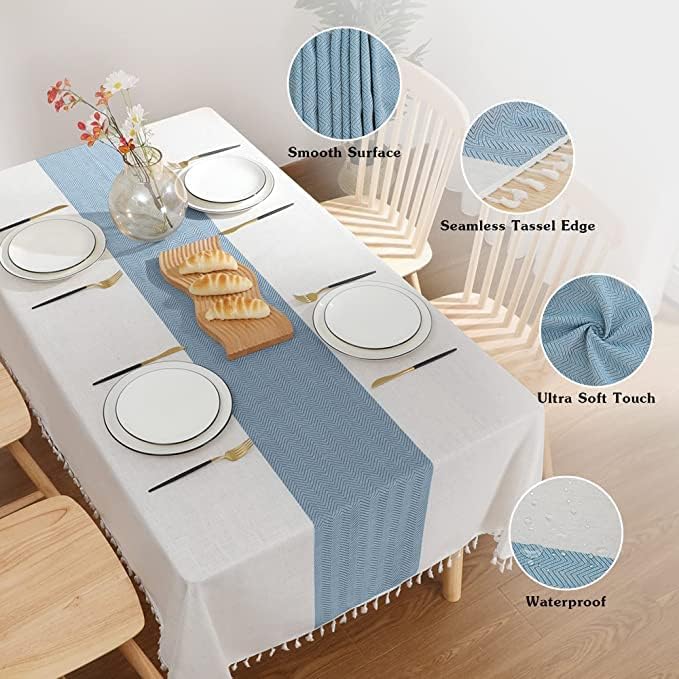 JIALE Tablecloths for Rectangle Tables,Cotton Linen Table Cloth Waterproof Tablecloth Wrinkle Free Farmhouse Dining Tables Cover,Soft Fabric Table Cloths with Tassels, Blue,55" X 70",4-6 Seats