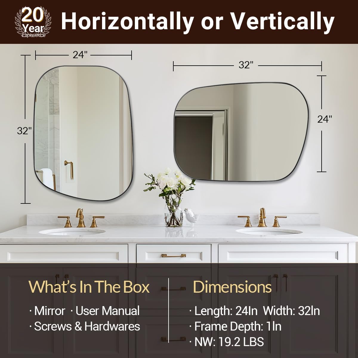 ANDY STAR Brushed Nickel Mirror, 24"x32" Silver Asymmetrical Wall Mirror for Bathroom, Unique Irregular Design with SUS304 Stainless Steel Metal Frame, Ideal for Bathroom, Bedroom, Entryway