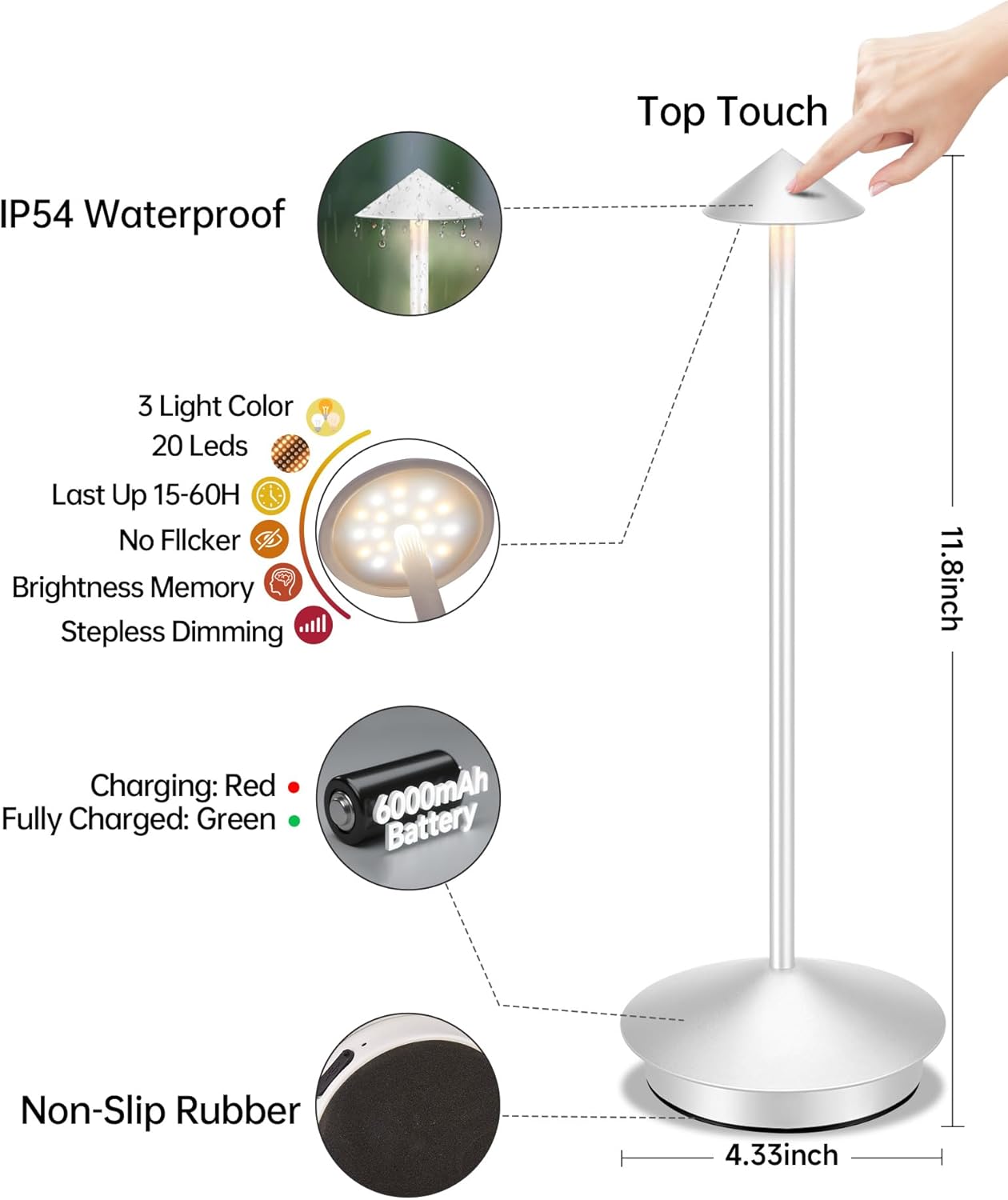Portable Led Cordless Lamp Table Light 2 Pack, Rechargeable 6000mAh Battery Outdoor Table Lamp for Dinning Restaurant Patio Bedroom Camping, IP54 Waterproof, Dimmable